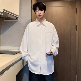 男士寬鬆百搭翻領長袖襯衫 白色休閒上衣 潮流韓版
