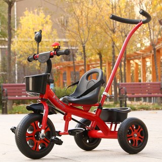 Aikuma 兒童三輪車 適合2-6歲兒童 附推桿與收納籃, 紅色豪華發泡輪 軟座 推手, 1個