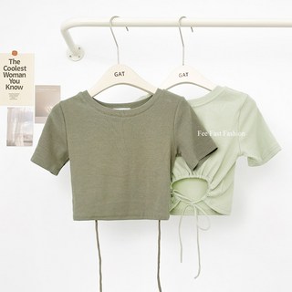 GAT 韓國女裝【Fee爆款10色】正韓後綁繩挖洞造型短版上衣，素色彈力短袖T恤，韓版女裝上衣