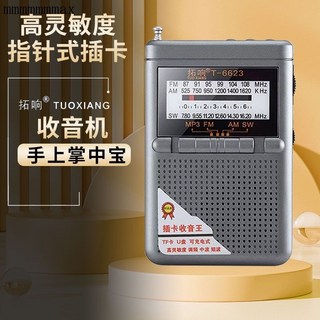 大圓出貨 多功能袖珍多波段便攜式收音機 FM調頻AM調幅SW短波全波段收音機 MP3播放器 可插記憶卡, 收音王【鐵灰色】,主機+充電線.