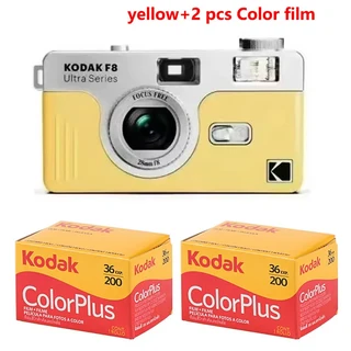 Kodak Ultra F8 필름 카메라 35mm Focus 무료 재사용 가능 플래시 내장 다중 패키지 휴대용 ColorPlus, 01 CN, 04 yellow with 2 film