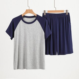 莫代爾男士短袖套裝夏季薄款圓領睡衣大碼寬鬆休閒家居服兩件套