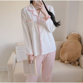 순면 100% 카라 레이스 여성 파자마 잠옷 세트