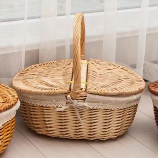 【格森】藤編田園有蓋野餐籃, 原色40*30麻布, 1個