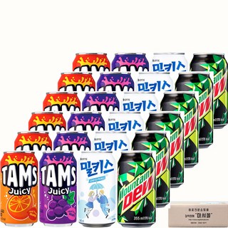 마셔몰 탄산음료 세트 탐스쥬시오렌지 포도 밀키스 마운틴듀 4가지맛 각 6캔씩, 24개, 340ml