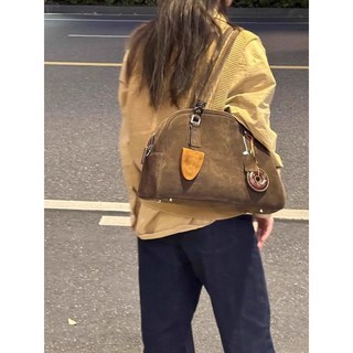 熱麥 麂皮大容量托特包包女2025新款高級感通懃單肩斜挎保齡球波士頓包