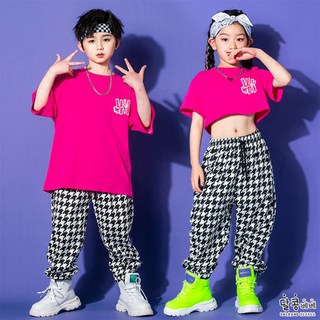주니어 여아 진로즈레드크롭티+화이트블랙팬츠 여름옷 초등학생옷 k팝방송댄스복 재즈댄스복세트 [M103]