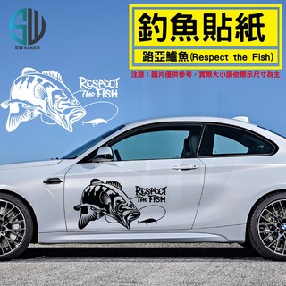 SWALKER釣魚貼紙 - Respect the Fish - 反光/發光車貼 - 竿袋冰箱裝飾貼紙, 1個, 貼紙路亞鱸魚,白色
