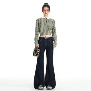 여자 와이드 핏 청바지 카키 가을 겨울 로우컷 슬림 슬리퍼 나팔바지 ST4