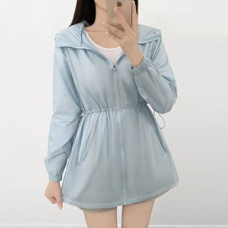 티데일리 여성용 힙커버 후드 스트링 롱 바람막이