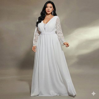 大碼深V長袖晚禮服 性感收腰設計 長款拖地連身裙, 白色,2XL