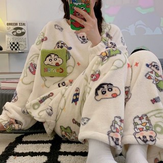 Doly ins新款法蘭絨睡衣女秋冬長袖長褲加絨保暖卡通蠟筆小新居家套裝