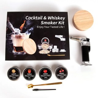 위스키 훈연 스모크 칵테일 스모커 키트 훈제 연기 불향 위스키스모커 기본 얼음 세트 + 우드 케이스 1개, B 세트-훈제기+화기+도구+목재