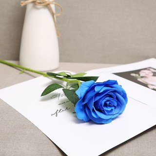 嘉義出貨 單支彎把絨布玫瑰花 假花玫瑰花 家居仿真花 裝飾婚禮佈置 絨布花 絹布花 乾燥花玫瑰, 毛布玫-藍色, 1個