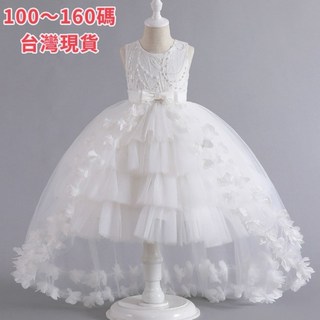女童連身裙公主裙花童禮服 畢業拍照洋裝 鋼琴比賽拖尾裙 蕾絲花朵澎澎網紗裙