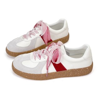 ROBINLO 真皮德訓鞋 厚底小白鞋 休閒鞋 異材質拼接 格紋蝴蝶結德訓鞋 (DARCEY莓果/暮藍)