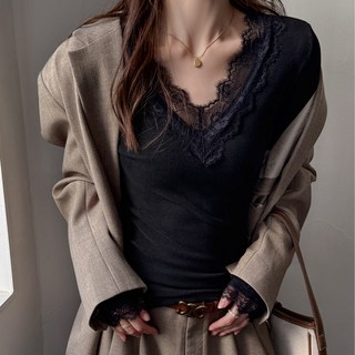탑트레일 브이넥 레이스 이너 긴팔티 봄 가을 겨울 부드러운 긴팔티