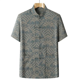 大碼爸爸唐裝 唐裝男中老年短袖套裝 絲綢緞面太極服休閒套裝 民國風老人裝 中老年唐裝 中年男士漢服, 灰綠 單上衣,42/185    適合160-180斤