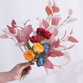風仿真花餐桌花裝飾花束花瓶輕奢花藝擺件客廳擺設假花絹花仿真花永生花人造花乾燥花永不凋零拍照道具假花裝飾居家裝飾, 多彩牡丹（單花束不帶花瓶）, 1個
