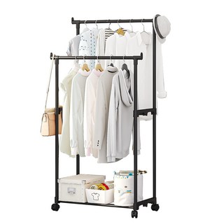 極美家居 伸縮曬衣架 置物架 衣架桿, 雙桿黑色【固定款】-加厚鋼管/穩固承重