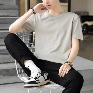 2025短袖男士夏季新款男裝寬鬆休閒純色重磅上衣服T恤