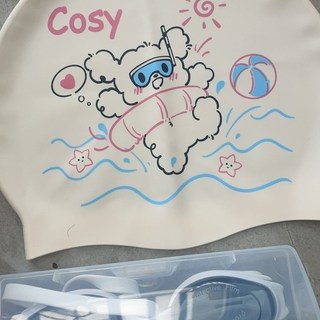 可愛硅膠泳帽女款長髮加大頭圍成人可愛高顏值防水護耳游泳帽, 白色游泳小狗【2個】, 1個