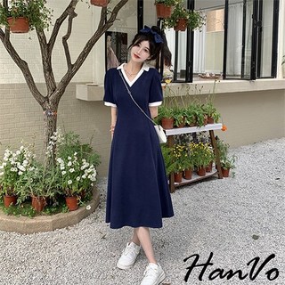 HanVo 優雅撞色V領縮腰A字長洋裝 - 韓版修身顯瘦洋裝, 藏青