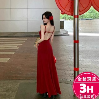 梨卡 女裝長裙洋裝【有胸墊】露背吊帶包臀顯瘦裙子 百搭復古洋裝, 藍色【有胸墊】,L-現貨馬上出貨