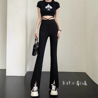 高腰綁繩西裝開衩喇叭長褲女