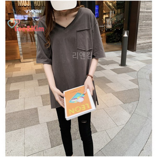 리앤킴 여성 빅사이즈 면 반팔 V넥 롱 티셔츠 WA1263