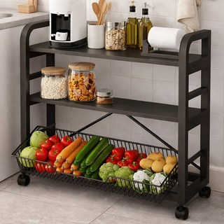 소프트엣지 이동식 렌지대 주방 수납장, 블랙+블랙 프레임, 3단