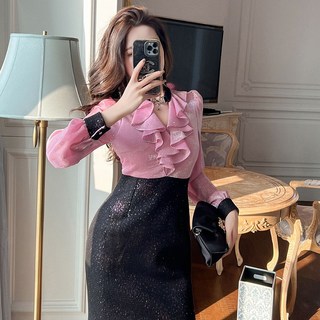 【名媛氣質】晚禮服 連衣裙 包臀裙 晚宴裙 派對裙 荷葉邊領 收腰顯瘦 撞色設計 2025秋裝新款 高端定製