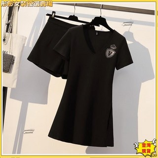壹灣出貨女裝兩件式套裝夏季女裝韓版寬鬆時尚兩件套裝女休閑短袖上衣短褲套裝女kun, 黑色,XL【建議120-140斤】