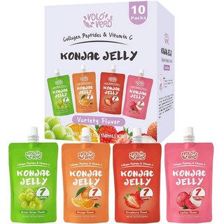 볼로 베로 곤약 젤리 파우치 음용 가능한 버라이어티 팩 7칼로리 10팩 0설탕 글루텐 프리 케토 콜라겐 펩타이드 건강 과일 스낵 - 리치 딸기 오렌지 포도 맛 포함, Variety Pack, 5.07 Ounce (Pack of 10)