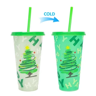 크리스마스 색상 변하는 플라스틱 빨대컵 산타 디자인 재사용 가능한 뚜껑 있는 파티용 아이스 음료 선물, 01 Green Tree
