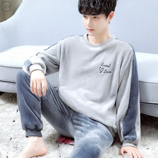 ORZQU 남성 겨울 레저 라운드넥 잠옷 세트 따뜻한 보온 극세사수면잠옷