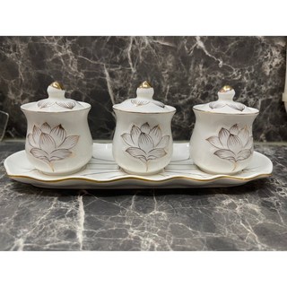 弘喧 描金蓮花陶瓷三連供杯組 佛堂聖水杯 觀音菩薩供奉花杯 白玉瓷器, 白色, 1套