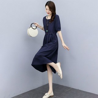 POMTOR 봄 여성 린넨 롱 원피스여름 중년 40대 여성 데일리 슬림핏 면소재 반팔 원피스 가볍고 시원한