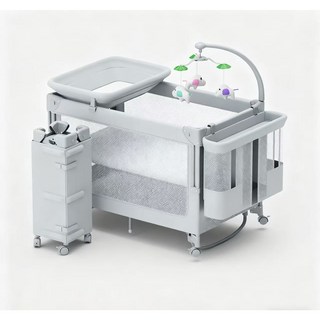 ULOP嬰兒床一鍵開合拼接床，可摺疊便攜，附玩具安撫架，寶寶安睡神器, 阿瑪尼灰