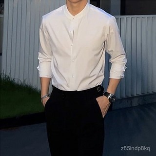 男士立領襯衫 修身彈力長袖休閒正裝商務運動白襯衣