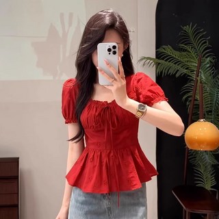 C435L_M-3XL 紅色鈎花鏤空短袖襯衫女大碼收腰顯瘦獨特漂亮高級感好看小衫上衣