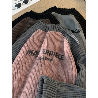 美式字母印花插肩袖拼色毛衣 秋冬款潮牌粗針寬鬆圓領針織衫