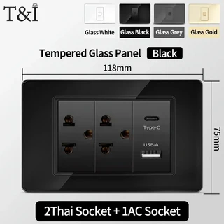 미국산 블랙 강화유리 16A 2구 조명 스위치 11875mm 플러그 USB C타입 고속 충전 118 시리즈 멕시코 벽면, 19 2Thai1AC, 01 Glass Grey