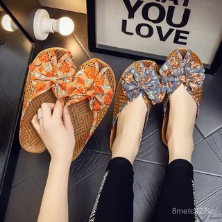 交換禮物-新款夏季藤草編織亞麻拖鞋女韓版蝴蝶結包頭竹編拖鞋居家清涼拖鞋