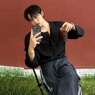 MYQ老錢風亨利領長袖T恤男士秋季寬鬆華夫格打底衫韓系通勤穿搭