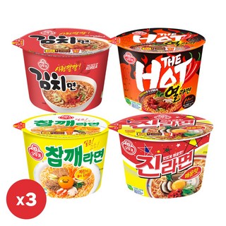 오뚜기 용기면 4종 3개씩(더핫열라면+김치면+참깨라면+진매), 12개