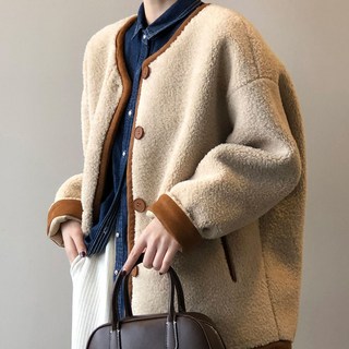 羊羔毛外套女 2023秋冬新款加絨加厚保暖顆粒絨防寒寬鬆毛絨棉衣