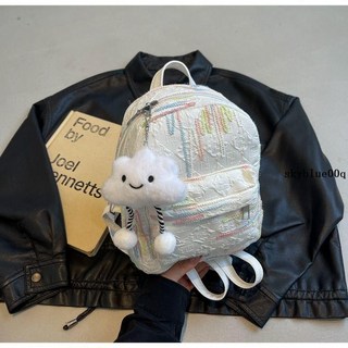 高顏值軟妹少女雙肩包 ins可愛小書包迷你小包包女大學生春游背包, 藍色,帶掛件--白色長腿云朵