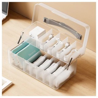 數據線收納盒充電線桌面大容量雙層提手理線集線盒, 1個, 環保款加厚雙層【大容量】透白色1個裝