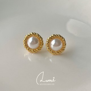 ALUMI 清倉麻花珍珠耳環 S925純銀鍍18K金花邊貝珠耳釘 韓系時尚飾品